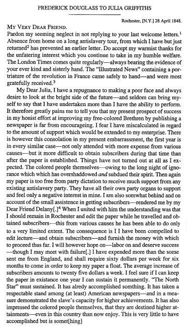 April 28 1848 Douglass letter to Julia Griffiths in England describing his     difficulties running the North Star.